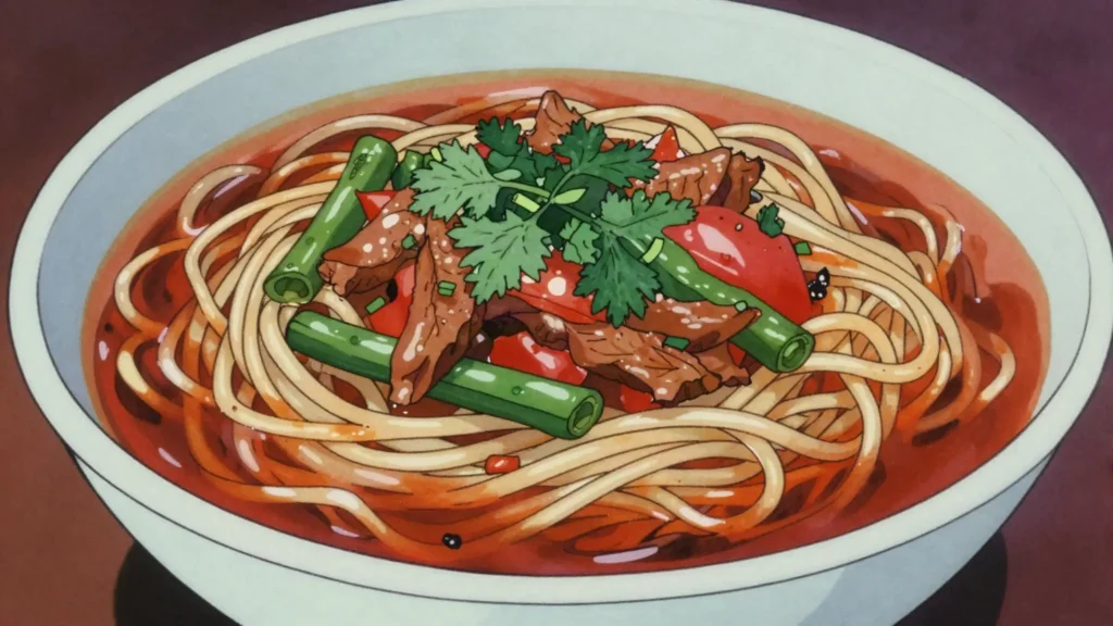 Lagman, hand-pulled noodles in meat-vegetable broth, Uyghur-influenced, Kazakhstan soup & stew, anime style