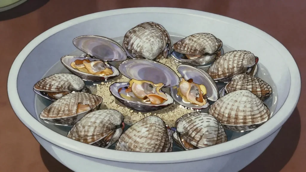 Lagoon Clams, small cockles gathered from lagoon sand flats, boiled or eaten raw, Kiribati main, anime style