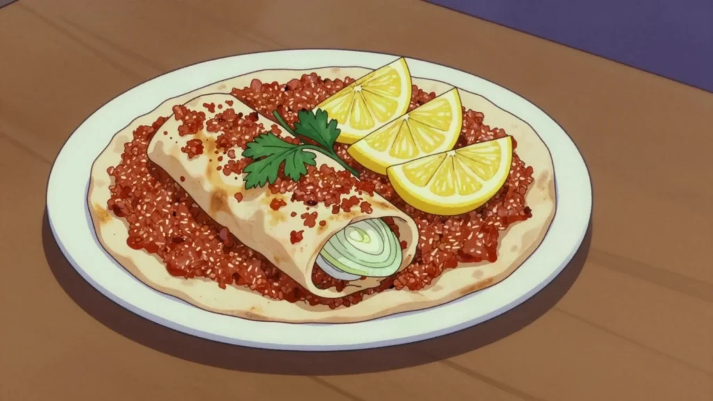 Lahmacun, thin crisp flatbread topped with spiced minced meat; rolled with parsley and lemon, Turkey street food, anime style