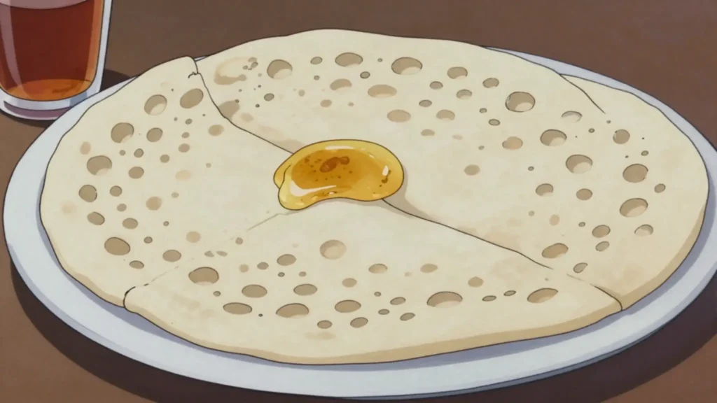 Lahoh, spongy fermented pancake eaten with honey, ghee or stew, Djibouti breakfast, anime style