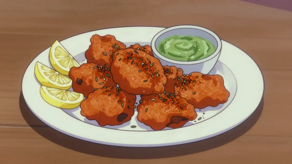 Lahori Fried Fish, batter of gram flour and ajwain around river fish, fried and dusted, Pakistan street food, anime style