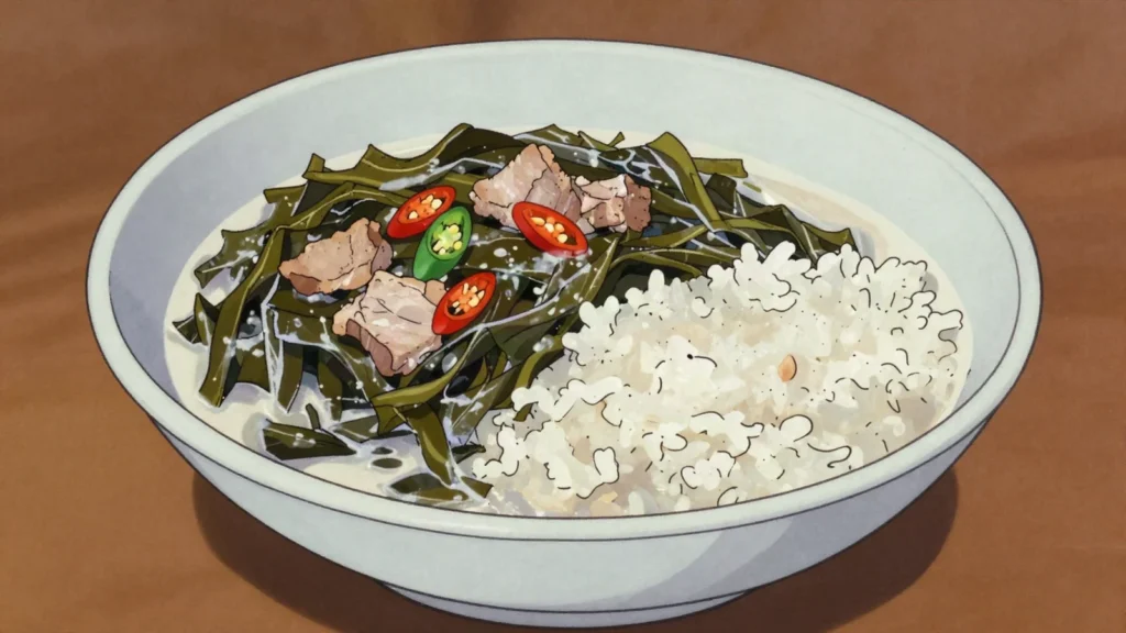 Laing, bicol taro leaves simmered in coconut milk and chilies, Philippines main, anime style