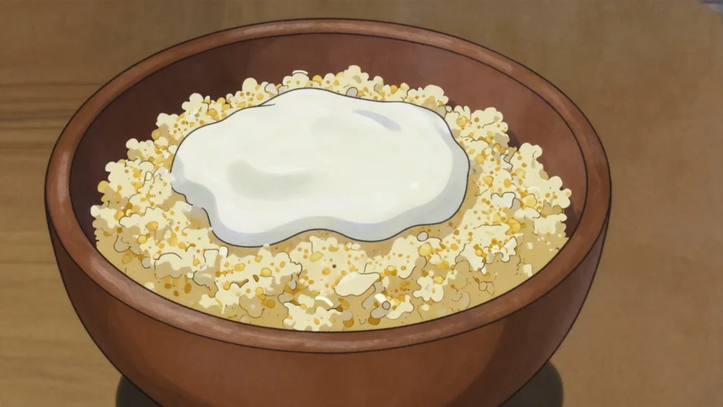 Lait caillé, thick soured cow's milk ladled from calabashes, sweetened or poured, Burkina Faso cheese & dairy, anime style