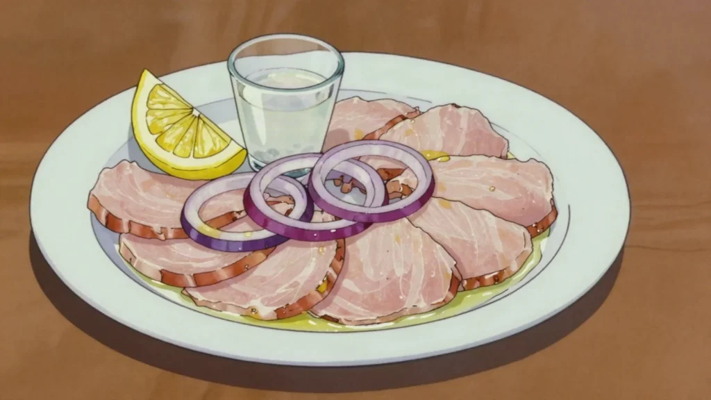 Lakerda, salt-cured bonito slices served in olive oil with onion, Greece fermented & pickled, anime style