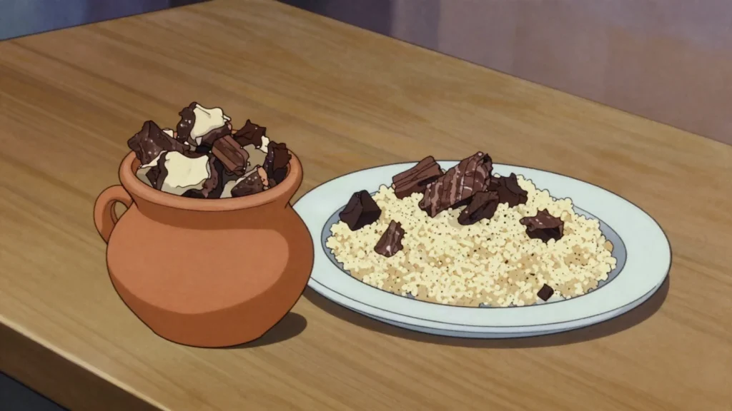 Lakhlaa, camel or beef dried, cooked and stored under its own fat for months, Mauritania charcuterie & cured, anime style
