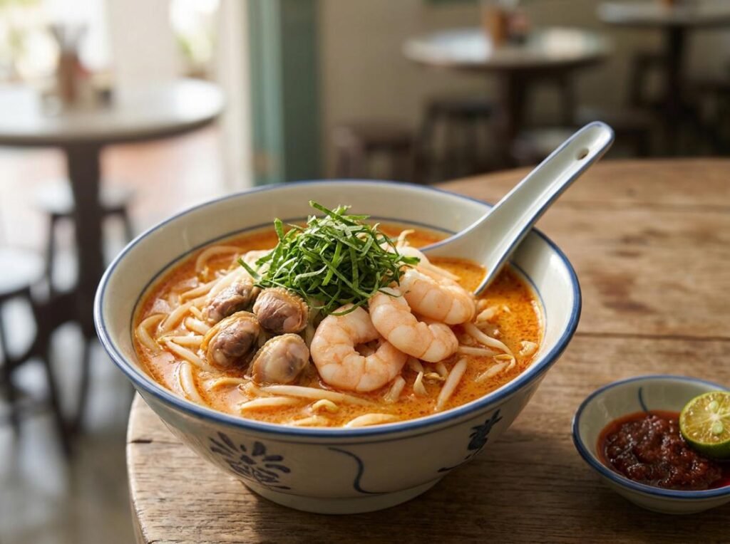 Laksa, katong-style thick rice noodles in rich coconut prawn gravy, Singapore soup & stew