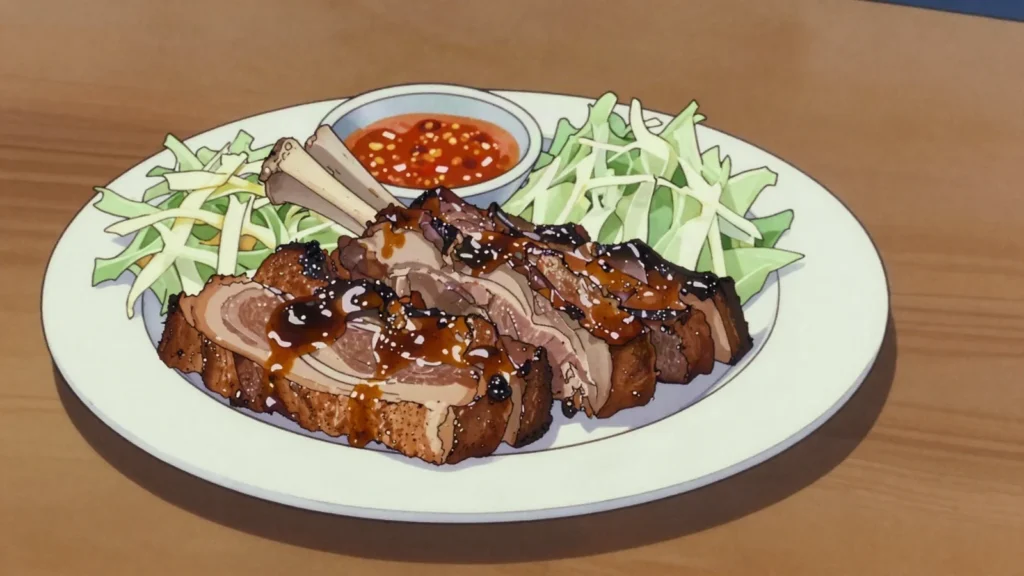 Lamb Flaps, fatty sheep belly cuts grilled or stewed; cheap and heavily salted, Papua New Guinea main, anime style