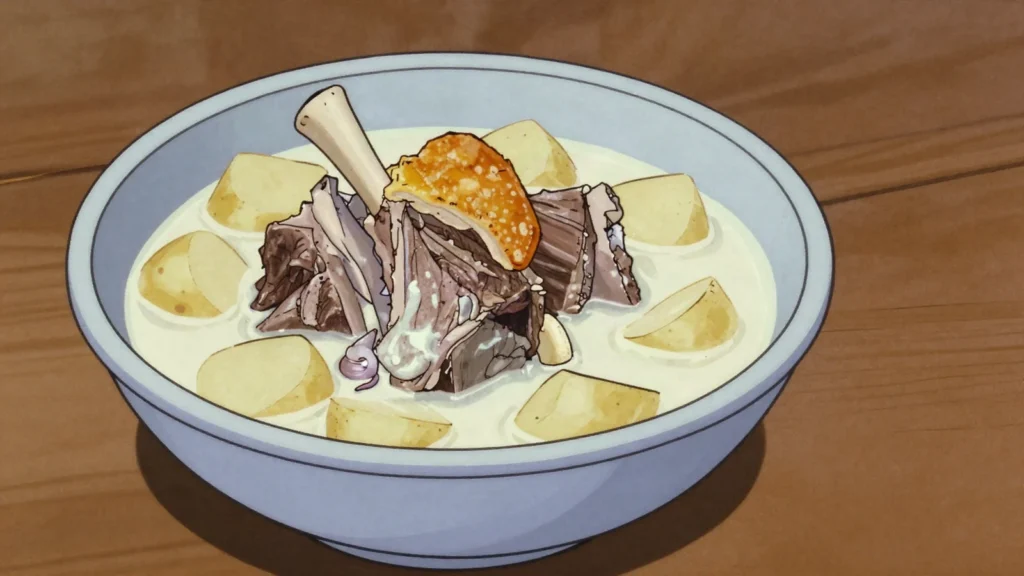 Lamb in milk, lamb slow-simmered in milk with potatoes, highland dish, Montenegro main, anime style