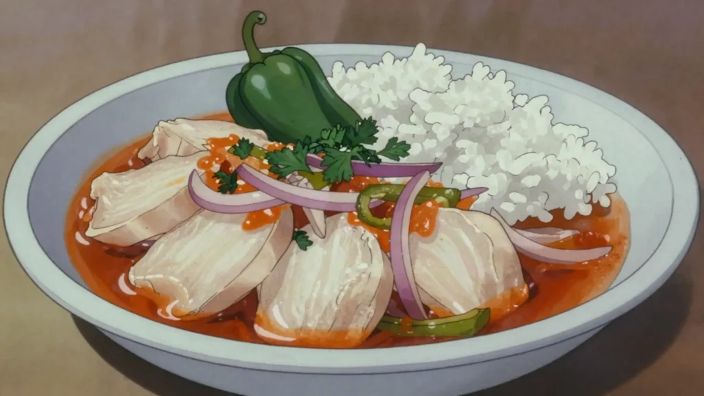 Lambi an sos, tenderized conch simmered in creole sauce, Haiti main, anime style
