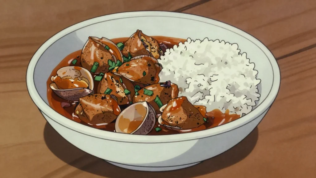 Lambi, conch stewed in creole seasoning, Saint Lucia main, anime style