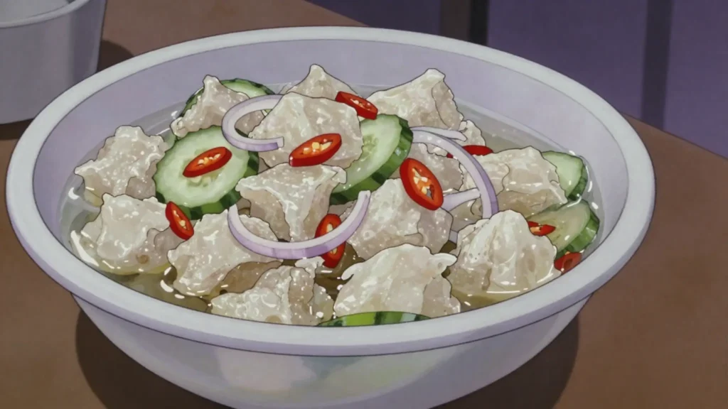 Lambi souse, conch pickled with lime, cucumber, hot pepper; Fish Friday favorite, Grenada street food, anime style