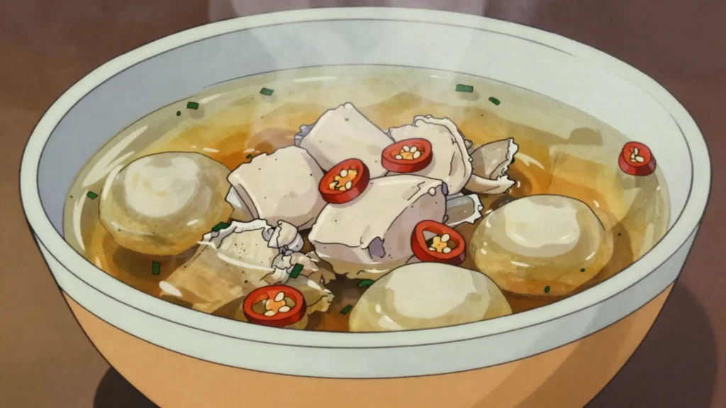 Lambie water, peppery broth of conch with provisions and dumplings, drunk hot, Grenada soup & stew, anime style
