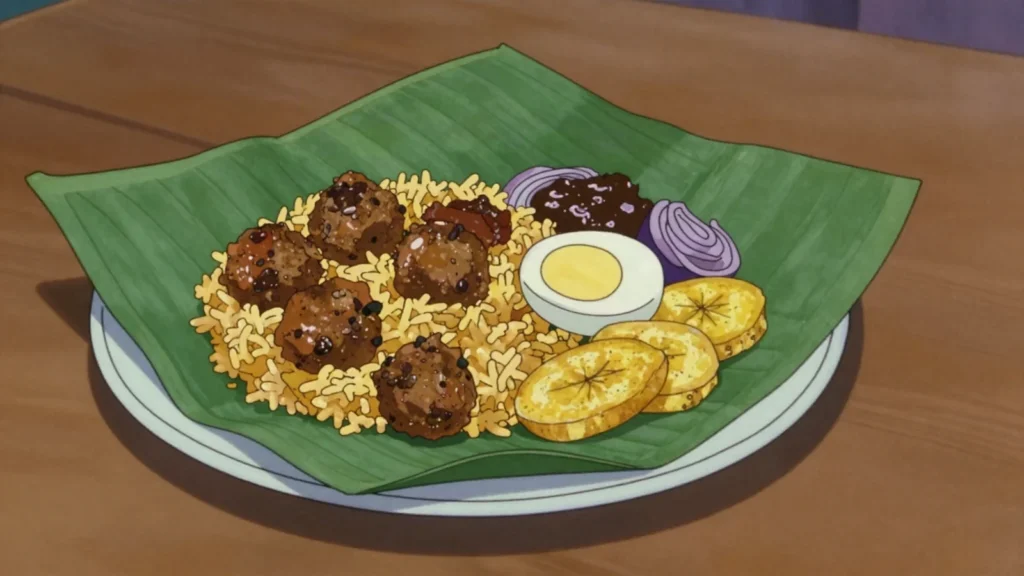 Lamprais, dutch Burgher packet of rice, curries and frikkadel baked in banana leaf, Sri Lanka main, anime style