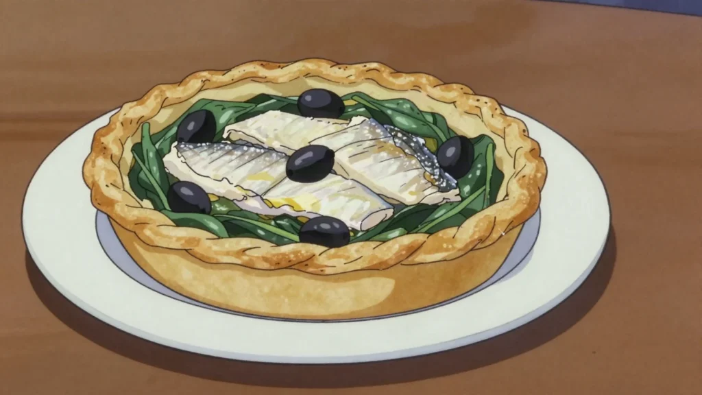 Lampuki pie, autumn dorado fish pie with spinach, capers, olives, Malta main, anime style