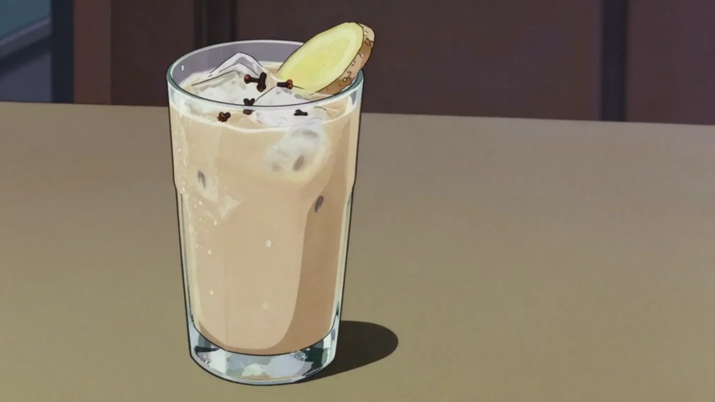 Lamugin, chilled millet-flour drink sharp with ginger and cloves, sold in sachets, Ghana drink, anime style