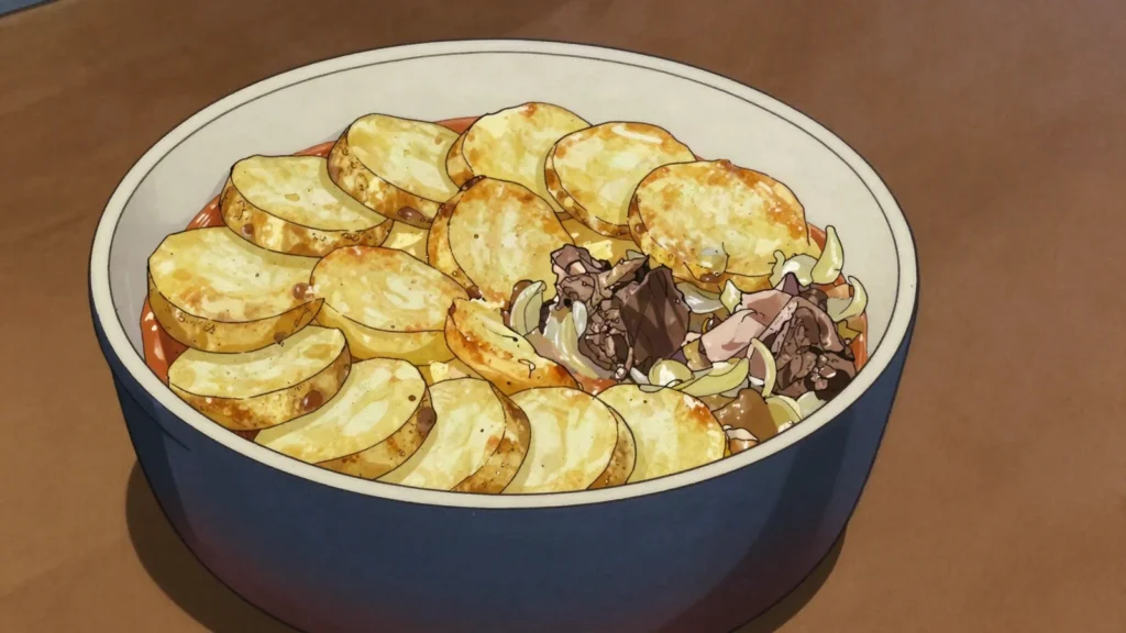 Lancashire hotpot, lamb and onion casserole under sliced potatoes, baked slowly in a tall, United Kingdom main, anime style