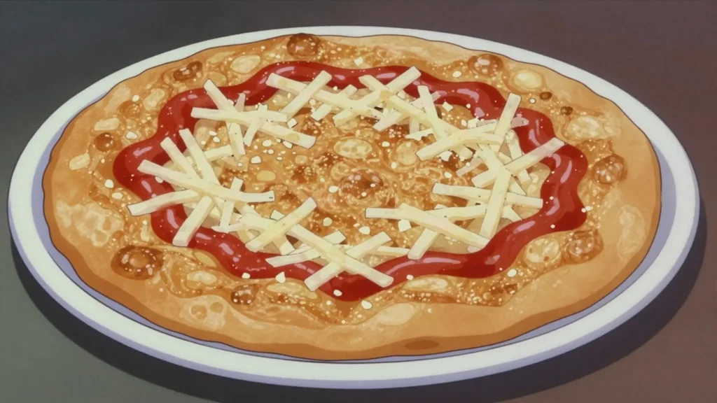 Langoš, deep-fried dough disc rubbed with garlic, topped with cheese and ketchup, Czechia street food, anime style