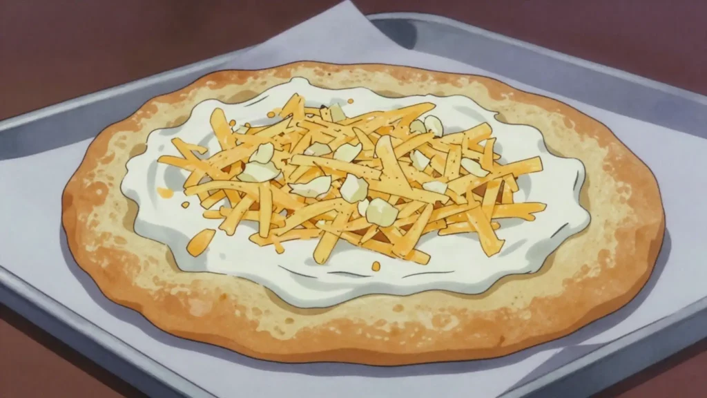 Lángos, deep-fried dough slathered with garlic, sour cream, cheese, Hungary street food, anime style