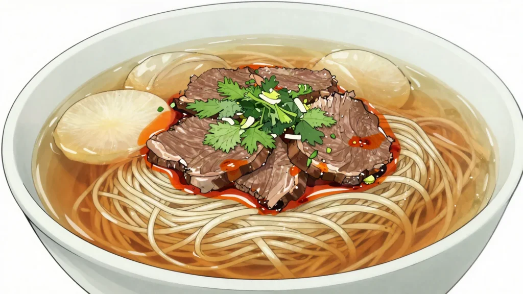 Lanzhou Beef Noodle Soup, hand-pulled noodles in clear beef broth with radish, chili oil and, China soup & stew, anime style
