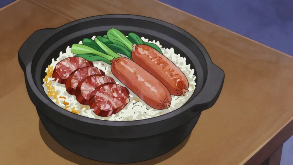 Lap Cheong, sweet air-dried pork sausage cured with rose wine, steamed over claypot, China charcuterie & cured, anime style