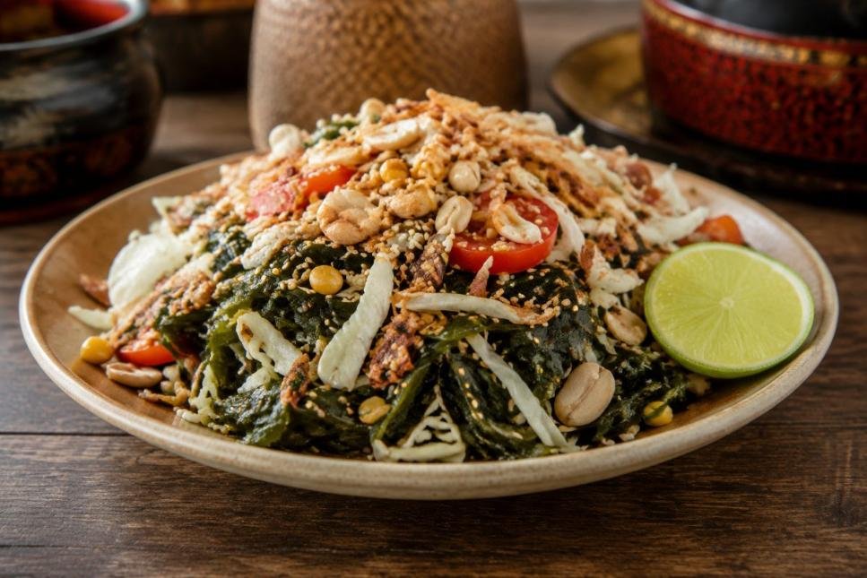 Laphet Thoke, fermented tea leaves tossed with crunchy beans, nuts, garlic and tomato, Myanmar salad & side