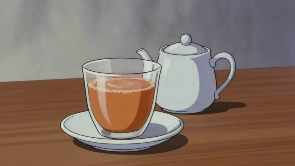 Laphet Yay, sweet, strong milk tea central to teashop culture, Myanmar drink, anime style