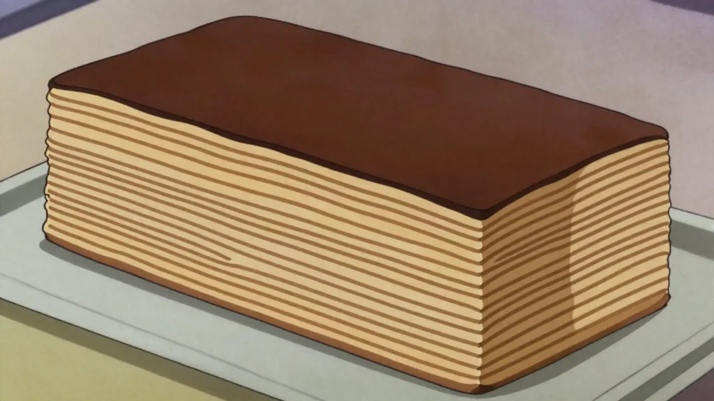 Lapis Legit, dense spiced butter cake built up layer by layer under a grill, eighteen or, Indonesia dessert, anime style