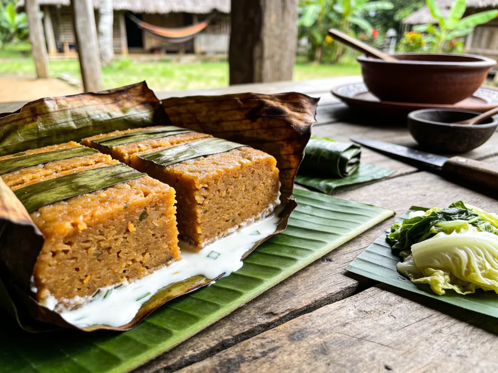 Laplap, national dish of grated root-crop pudding with coconut cream, baked in leaves, Vanuatu main, anime style