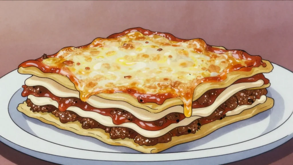 Lasagne alla bolognese, baked pasta sheets with ragù, béchamel, Parmigiano, Italy main, anime style