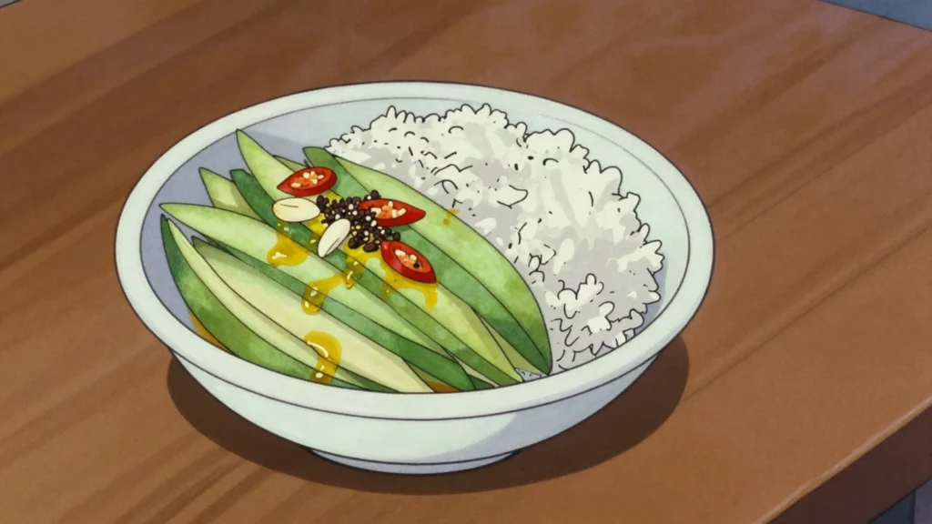 Lasary, tangy mango or vegetable pickle brightening rice meals, Madagascar sauce & condiment, anime style