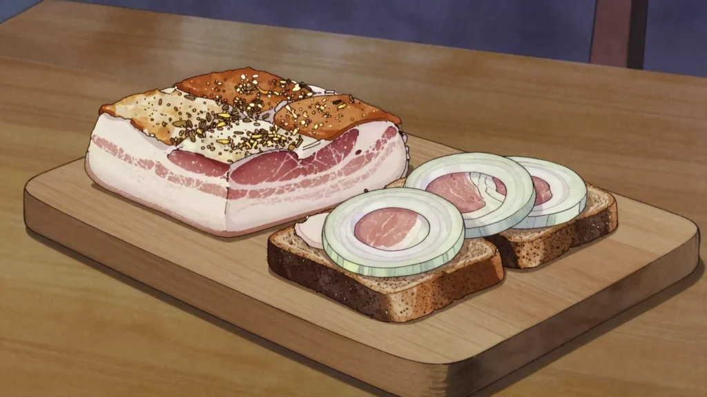 Lašiniai, salt-cured pork fatback eaten cold on black bread with onion, Lithuania charcuterie & cured, anime style