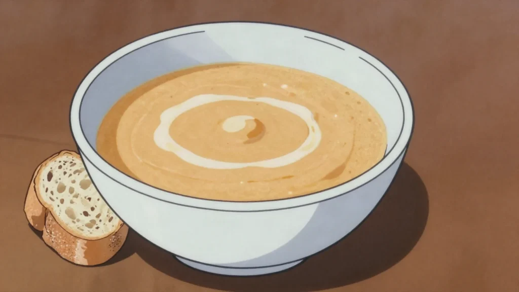 Lasopy, clear vegetable soup puréed smooth, served before the main rice course, Madagascar soup & stew, anime style