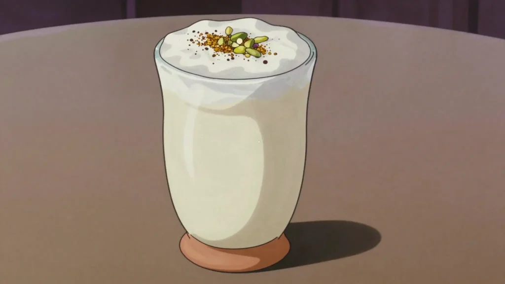 Lassi, thick churned-yogurt drink; Amritsar serves it sweet in clay tumblers, India drink, anime style