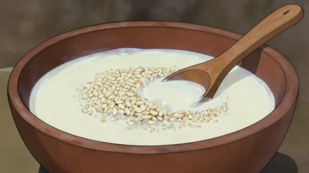 Latchiri e kossam, fula corn or fonio couscous drenched in curdled milk, Guinea main, anime style