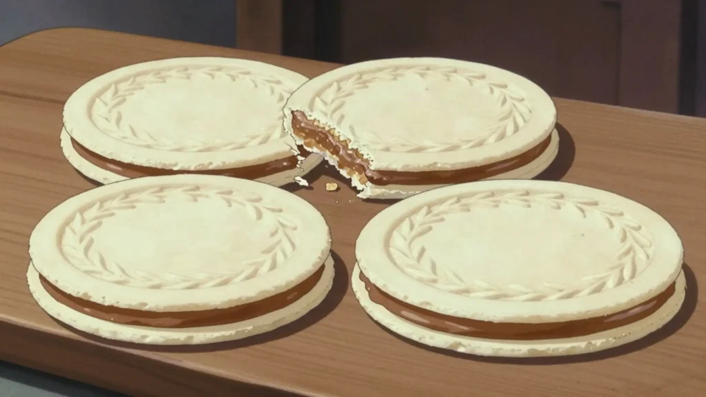 Lázeňské oplatky, wide thin embossed wafers with sweet filling, sold warm at spas, Czechia snack, anime style