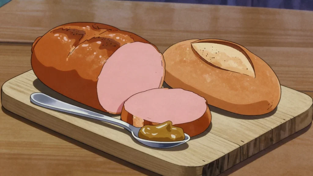 Leberkäse, silky baked meatloaf sliced hot into crusty rolls, Germany charcuterie & cured, anime style