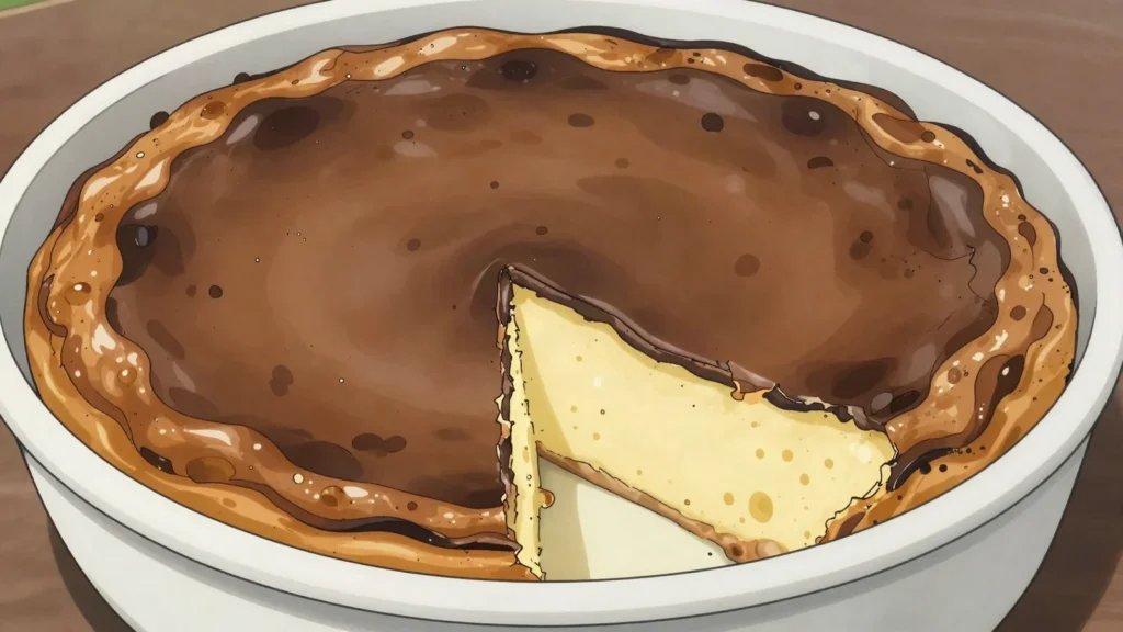 Leche asada, baked caramelized milk custard, homier cousin of flan, Chile dessert, anime style