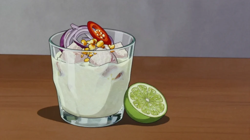 Leche de tigre, the citrus, fish and aji marinade of ceviche, drunk from a glass, Peru soup & stew, anime style