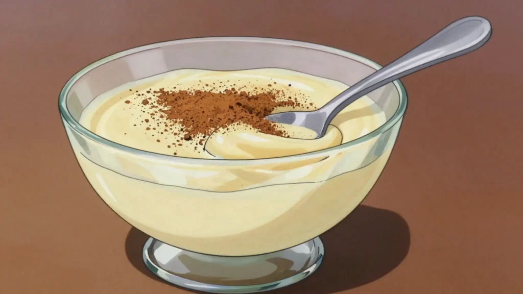 Leche poleada, loose milk custard thickened with cornstarch and scented with cinnamon, Honduras dessert, anime style