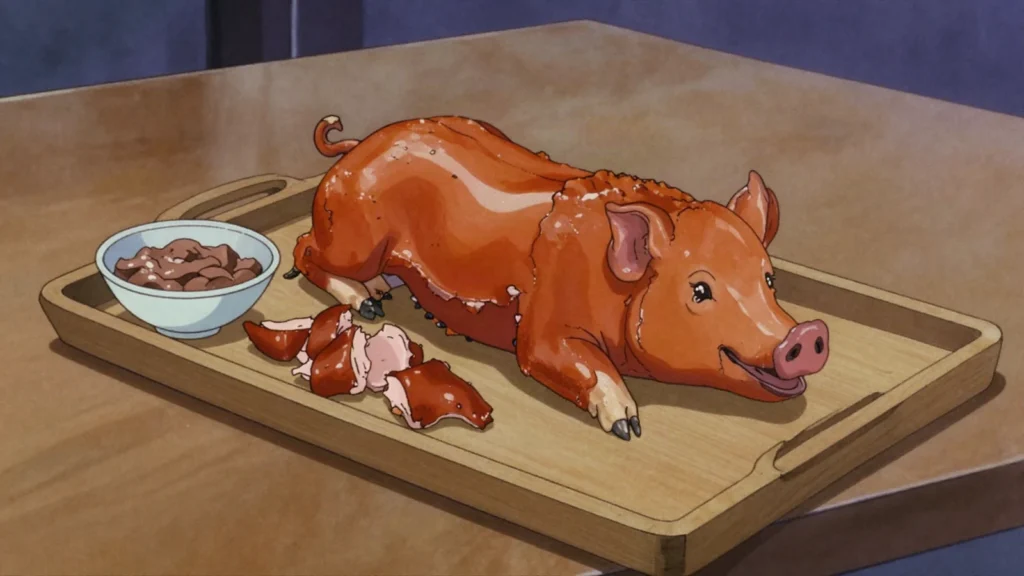 Lechon, whole spit-roasted pig with crackling skin, fiesta centerpiece, Philippines main, anime style
