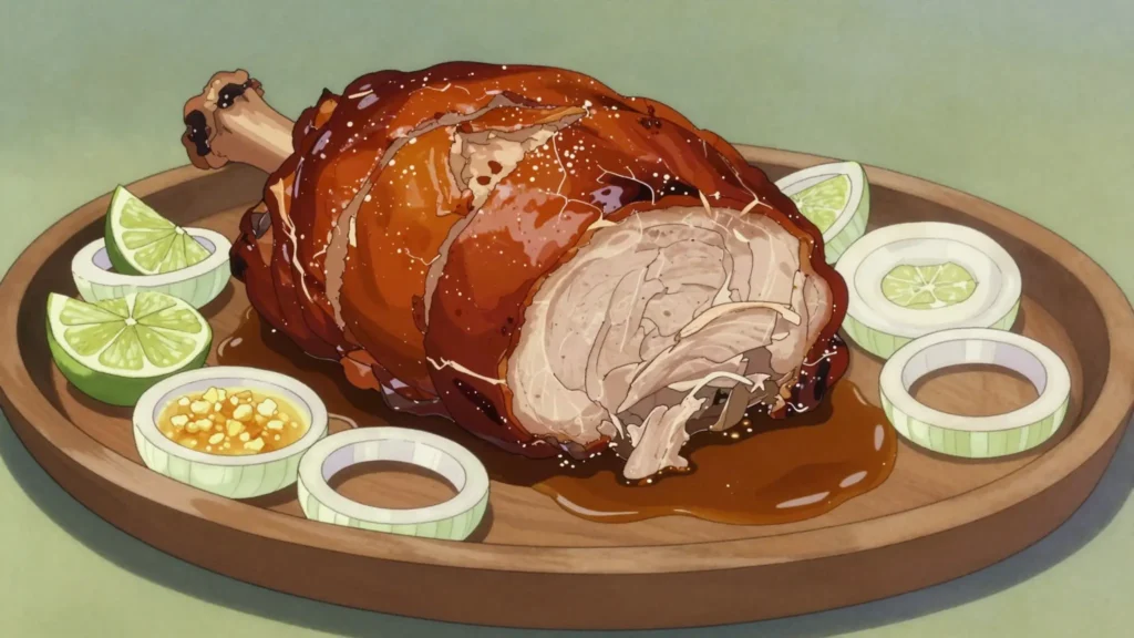 Lechón asado, mojo-marinated pork slow-roasted for family gatherings, Cuba main, anime style