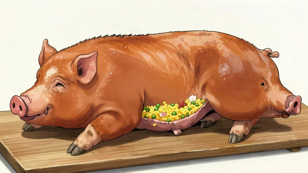 Lechona, tolima whole pig roasted crisp, stuffed with rice, peas and pork, Colombia main, anime style