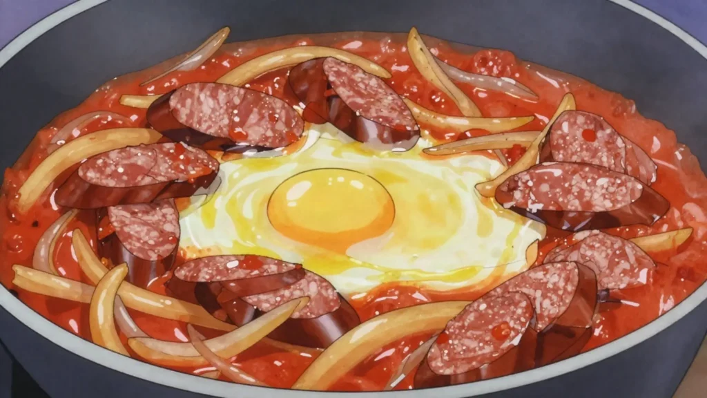Lecsó, pepper, tomato and onion stew, often with sausage, egg, Hungary main, anime style