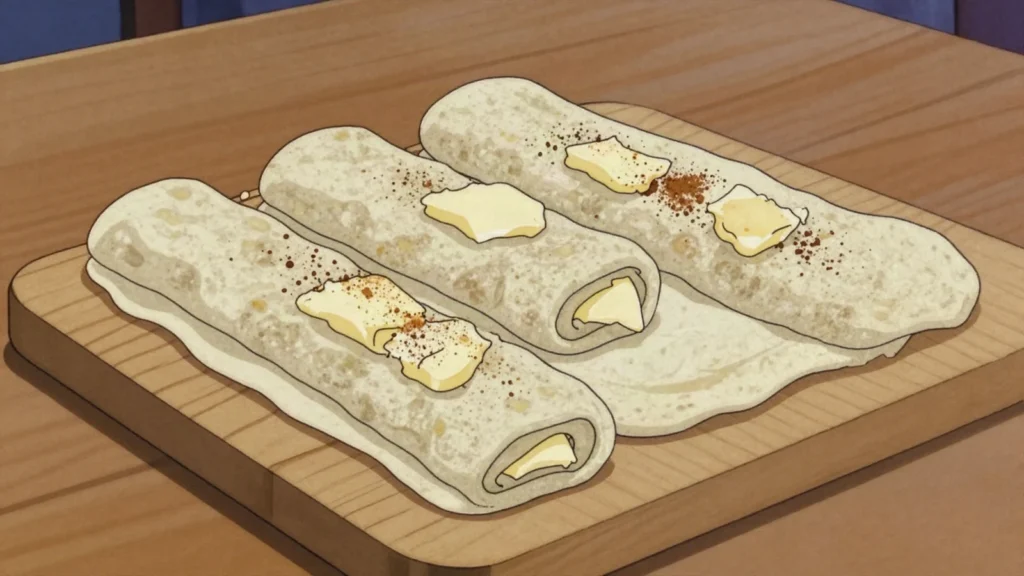 Lefse, soft potato flatbread rolled with butter, sugar, cinnamon, Norway bread & pastry, anime style