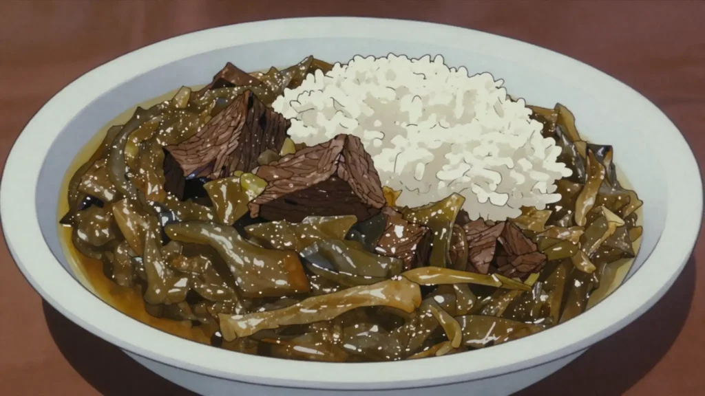 Legim, thick braised vegetable stew with beef or crab, Haiti main, anime style