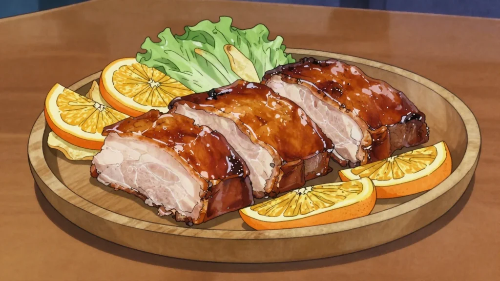 Leitão da Bairrada, crackly roast suckling pig with peppery garlic paste, Portugal main, anime style