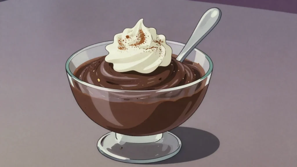 Leivasupp, sweet purée of dark rye bread with apple, cinnamon and whipped cream, Estonia dessert, anime style