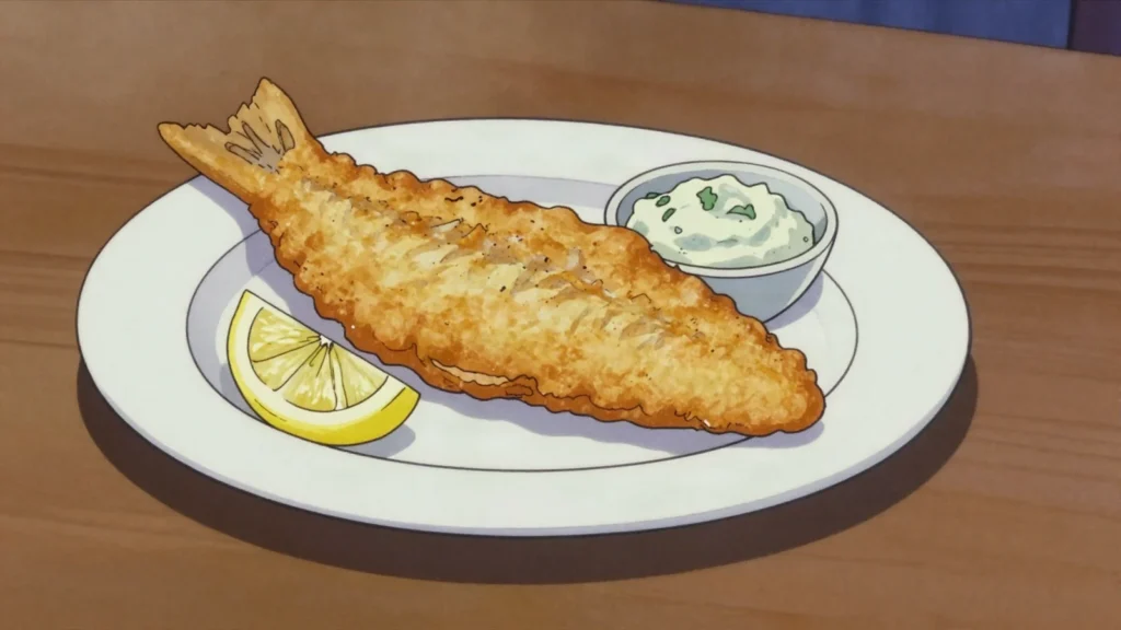 Lekkerbekje, whole battered whiting or cod fillet fried at a fish stall, Netherlands street food, anime style