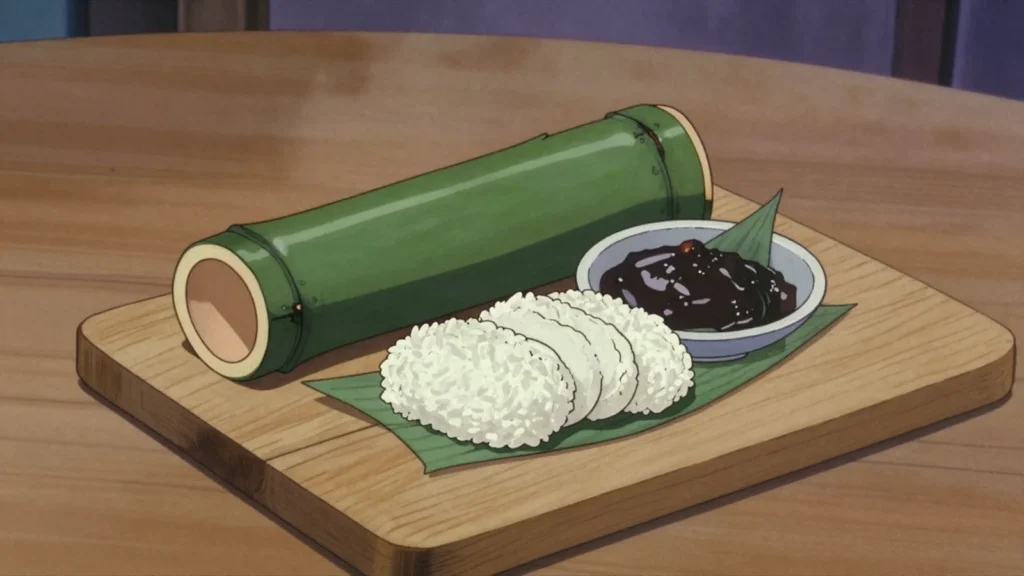 Lemang, glutinous rice and coconut milk roasted in bamboo lined with banana leaf, Malaysia snack, anime style