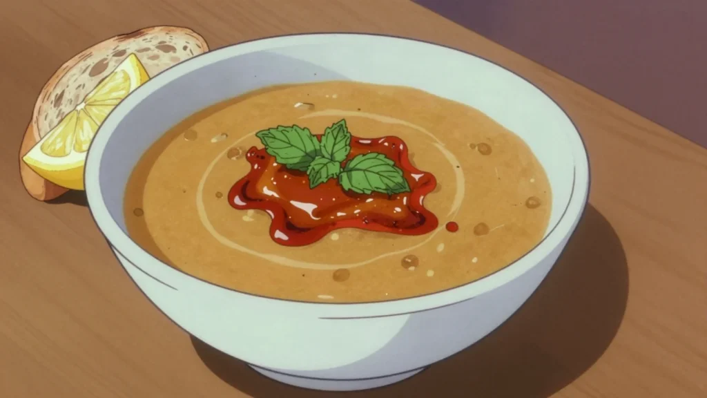 Lentil soup, smooth red-lentil soup with lemon and chili butter; everyday starter, Turkey soup & stew, anime style